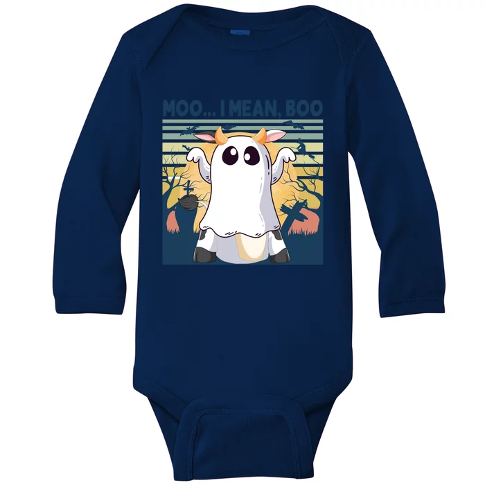 Retro Vintage Halloween Cow Ghost Moo I Mean Boo Gift Moo Cow Gift Baby Long Sleeve Bodysuit