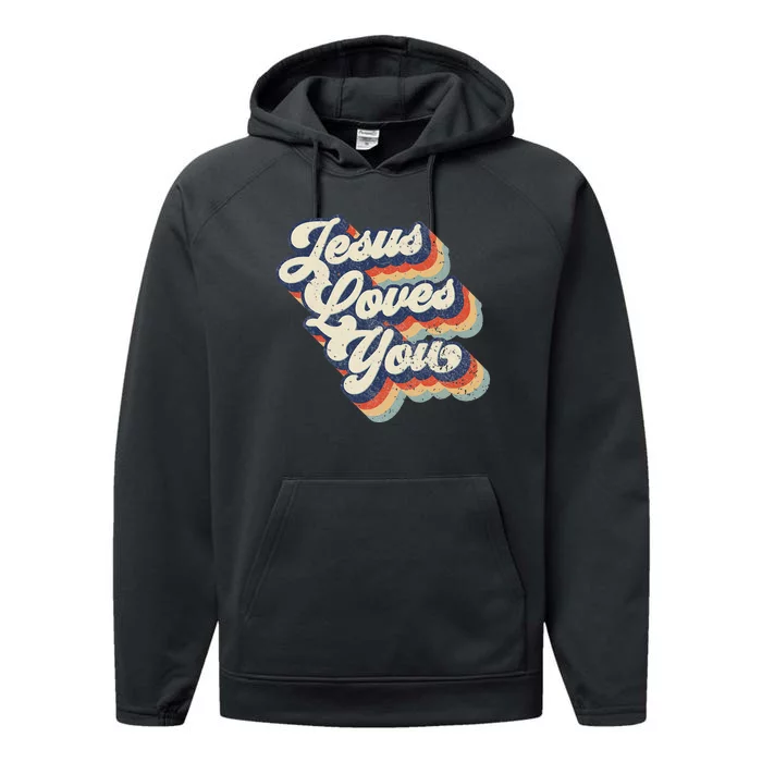 Retro Vintage Jesus Loves You Performance Fleece Hoodie