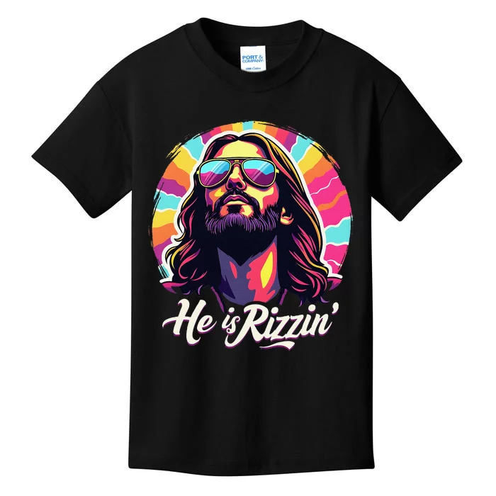 Retro Vintage Jesus Christian He Is Rizzin Jesus Is Rizzen Kids T-Shirt