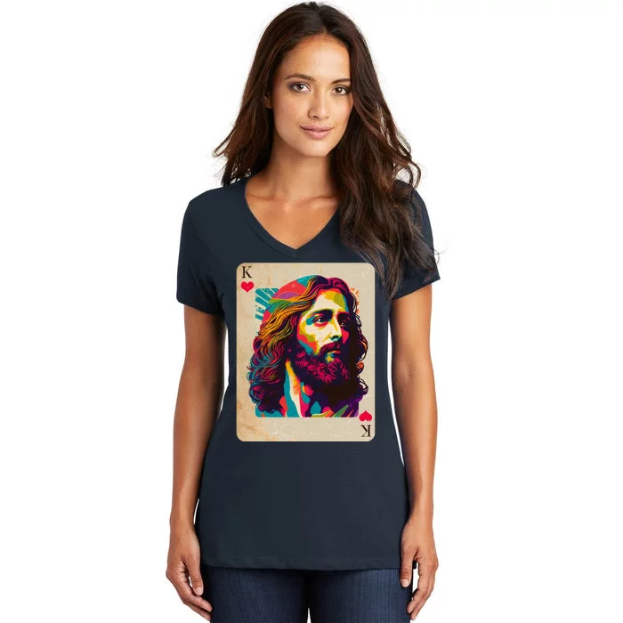 Retro Vintage Jesus Is King Of Kings Playing Card Women's V-Neck T-Shirt