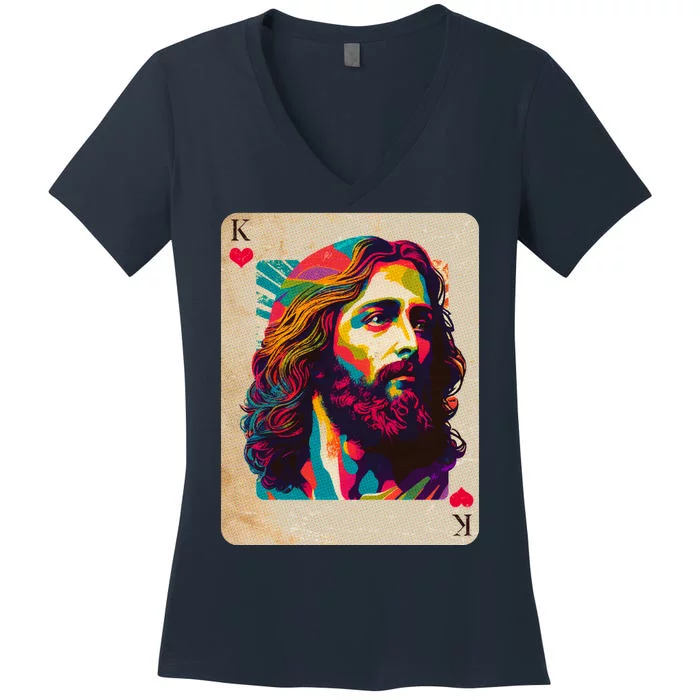 Retro Vintage Jesus Is King Of Kings Playing Card Women's V-Neck T-Shirt