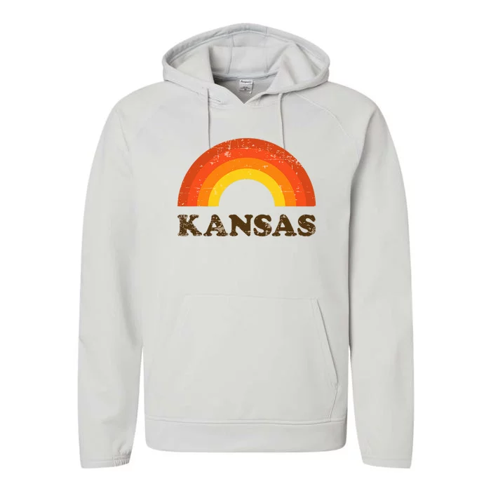 Retro Vintage Kansas Souvenir 70s Rainbow Distressed Style Performance Fleece Hoodie