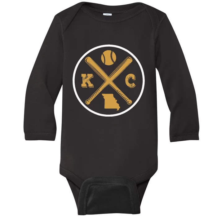 Retro Vintage Kansas City Baseball Emblem Baby Long Sleeve Bodysuit