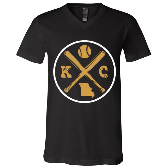 Retro Vintage Kansas City Baseball Emblem V-Neck T-Shirt