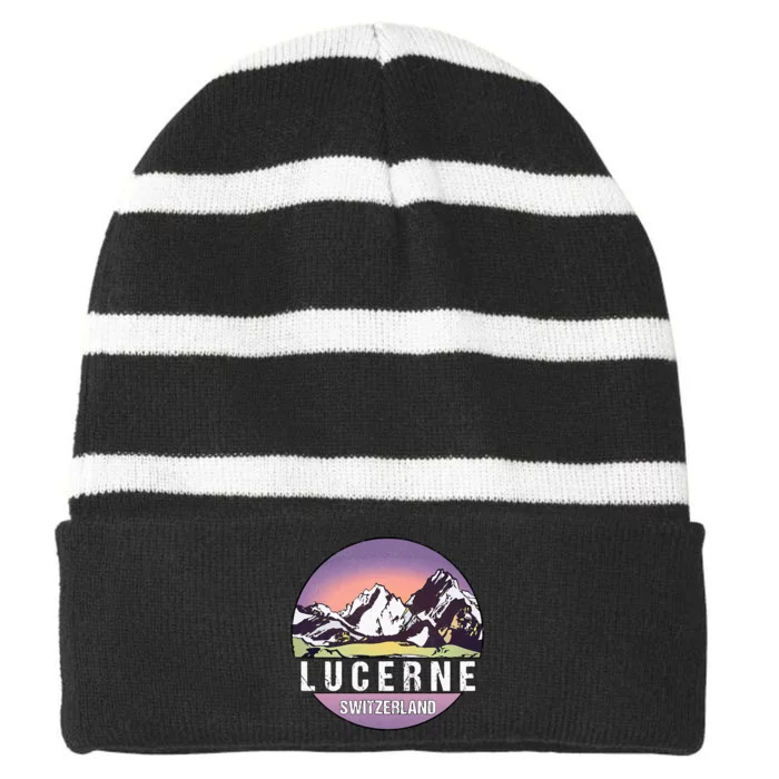 Retro Vintage Lucerne Switzerland Distressed Striped Beanie with Solid Band