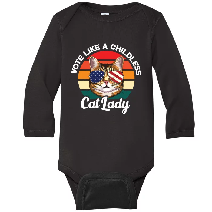 Retro Vote Like A Childless Cat Lady Funny Voting Kamala 24 Baby Long Sleeve Bodysuit