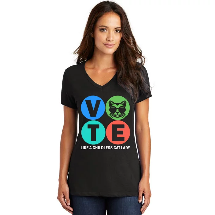 Retro Vote Like A Childless Cat Lady Is Voting Kamala 2024 Women's V-Neck T-Shirt