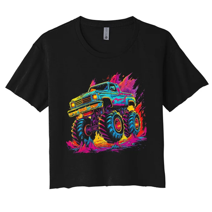 Retro Vintage Monster Truck Retro Sunset Monster Truck Women's Crop Top Tee