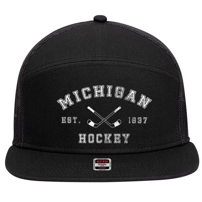 Retro Vintage Michigan Hockey With Hockey Sticks 7 Panel Mesh Trucker Snapback Hat