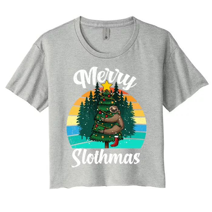 Retro Vintage Merry Slothmas Christmas Cute Sloth Pajamas Gift Women's Crop Top Tee