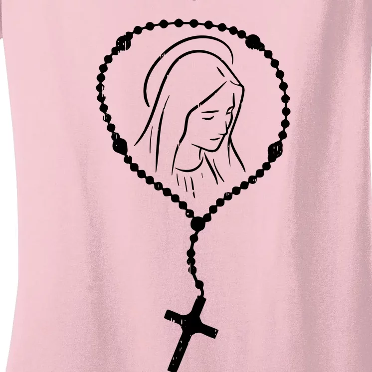 Rosary Virgin Mary God Jesus Faith Religious Catholic Women's V-Neck T-Shirt