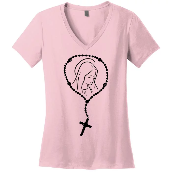 Rosary Virgin Mary God Jesus Faith Religious Catholic Women's V-Neck T-Shirt