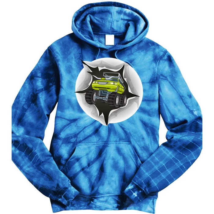 Retro Vintage Monster Truck Crushing Wall Gift Tie Dye Hoodie