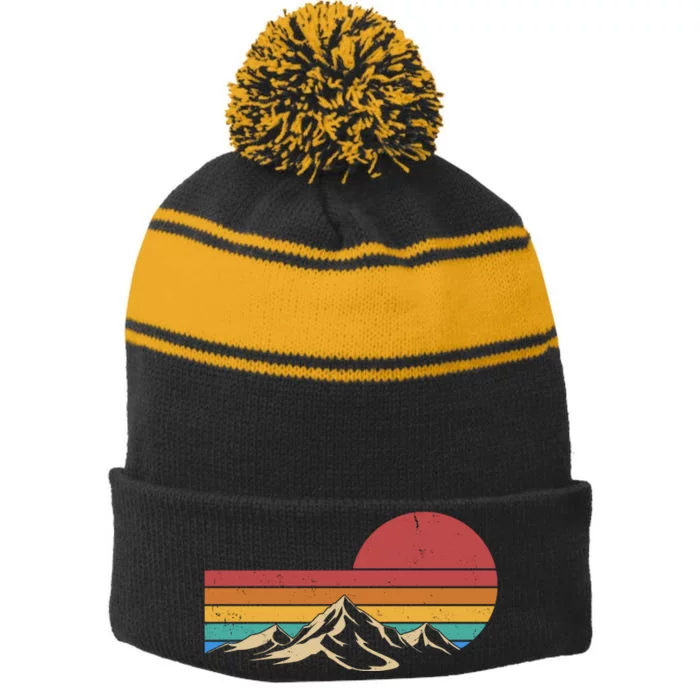 Retro Vintage Mountain Range Sunset Colors Stripe Pom Pom Beanie