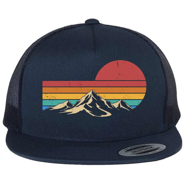 Retro Vintage Mountain Range Sunset Colors Flat Bill Trucker Hat