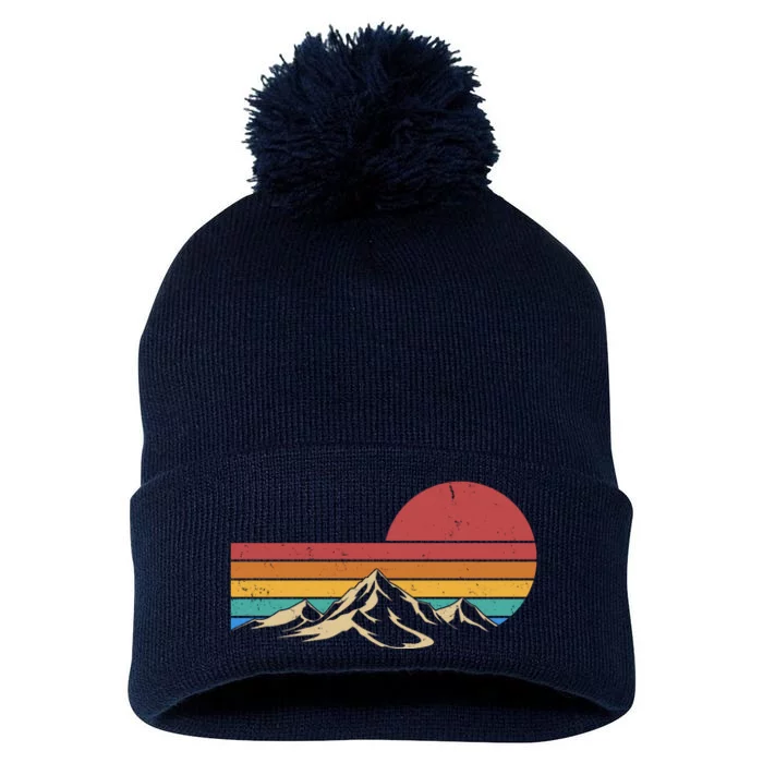 Retro Vintage Mountain Range Sunset Colors Pom Pom 12in Knit Beanie