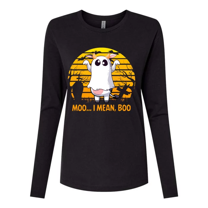 Retro Vintage Moo I Mean Boo Halloween Cow Ghost Moo Cow Gift Womens Cotton Relaxed Long Sleeve T-Shirt