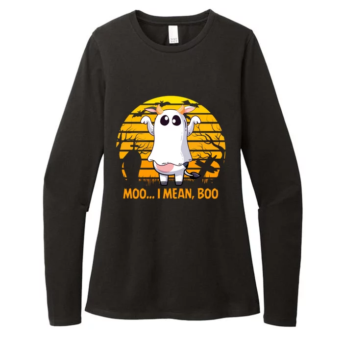 Retro Vintage Moo I Mean Boo Halloween Cow Ghost Moo Cow Gift Womens CVC Long Sleeve Shirt