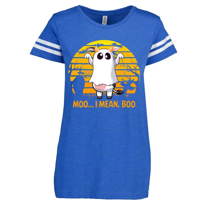 Retro Vintage Moo I Mean Boo Halloween Cow Ghost Moo Cow Gift Enza Ladies Jersey Football T-Shirt