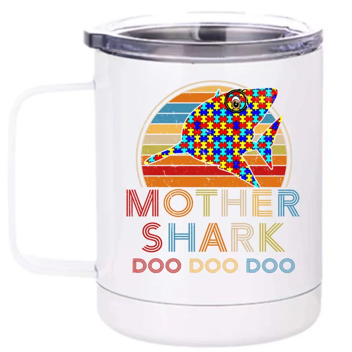 Retro Vintage Mother Shark Autism Awareness Funny Cute Gift Front & Back 12oz Stainless Steel Tumbler Cup