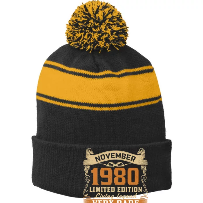 Retro Vintage November 1980 Born In November 1980 Bday Stripe Pom Pom Beanie