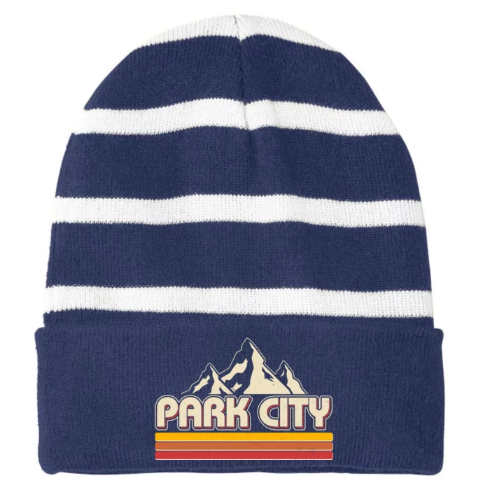 Retro Vintage Park City Utah Mountain Logo Striped Beanie with Solid Band