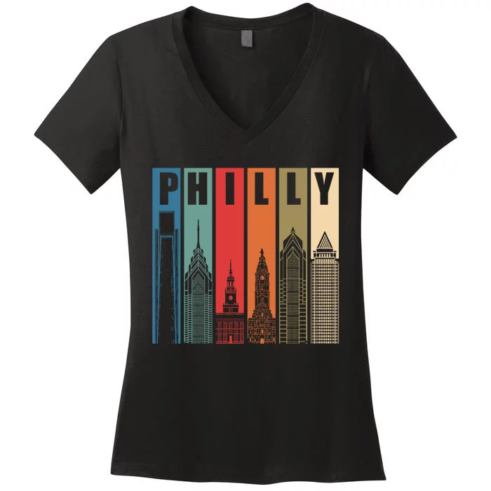 Retro Vintage Philadelphia Skyline Women's V-Neck T-Shirt