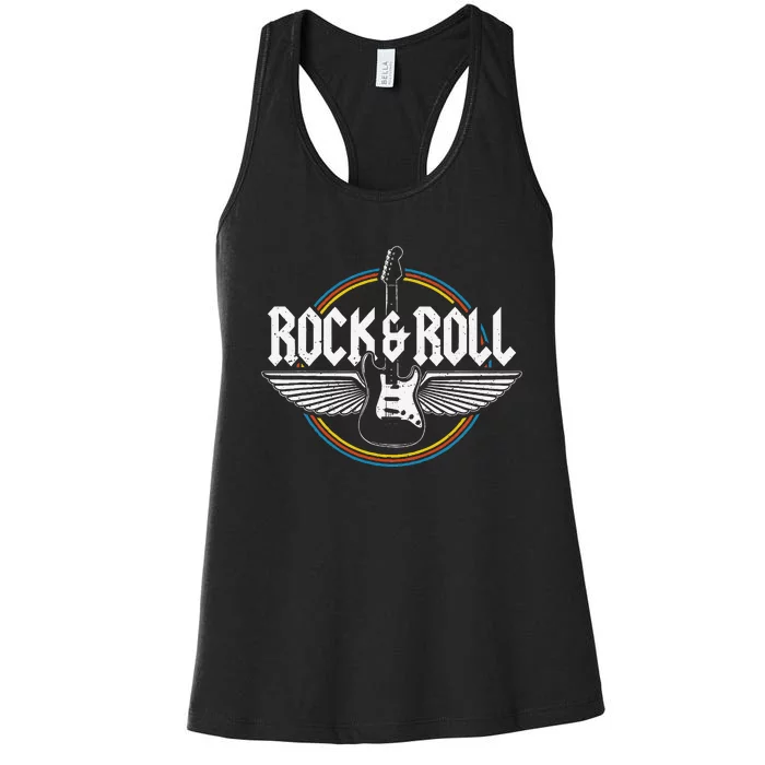 Retro Vintage Rock & Roll Guitar Wings Music Concert Band Women's Racerback Tank