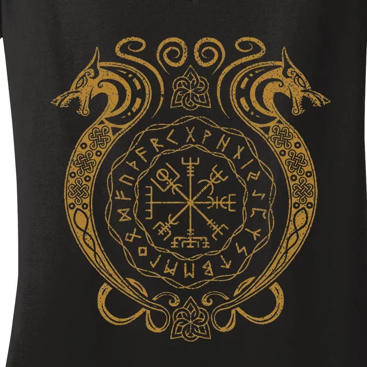 Retro Viking Runes Symbols Norse Compass Valhalla Mythology Women's V-Neck T-Shirt