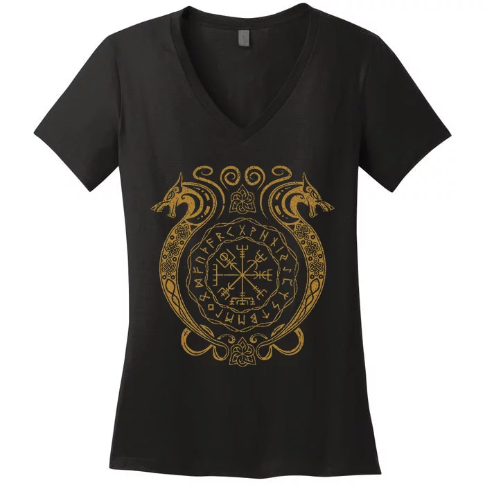 Retro Viking Runes Symbols Norse Compass Valhalla Mythology Women's V-Neck T-Shirt