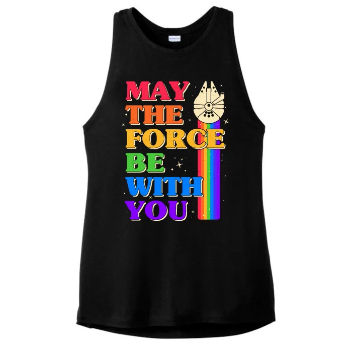 Retro Vintage Rainbow May The 4th May The Force Be With You Ladies Tri-Blend Wicking Tank