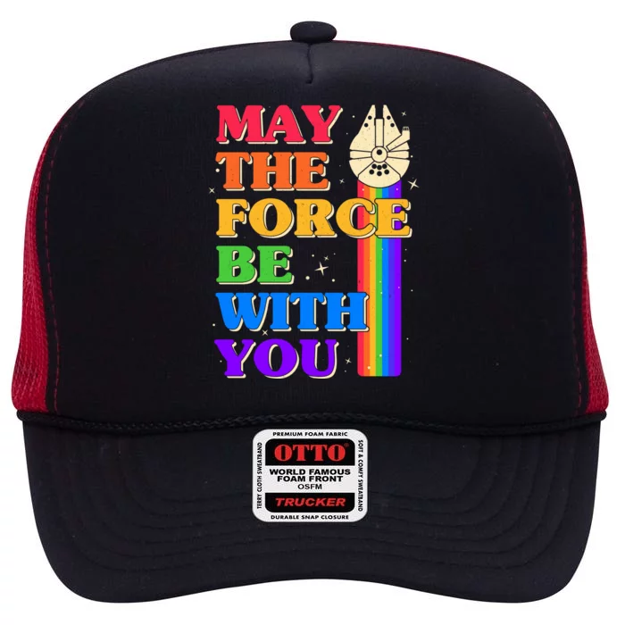 Retro Vintage Rainbow May The 4th May The Force Be With You High Crown Mesh Trucker Hat