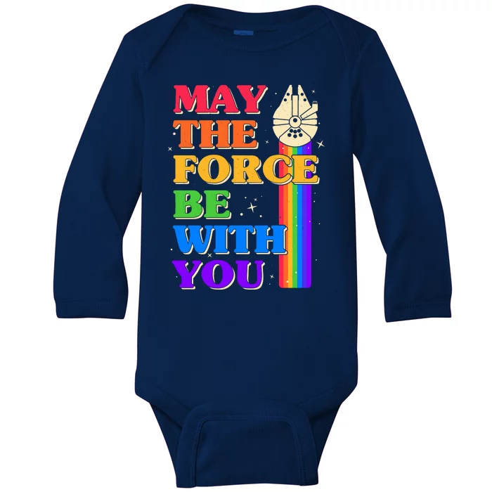 Retro Vintage Rainbow May The 4th May The Force Be With You Baby Long Sleeve Bodysuit