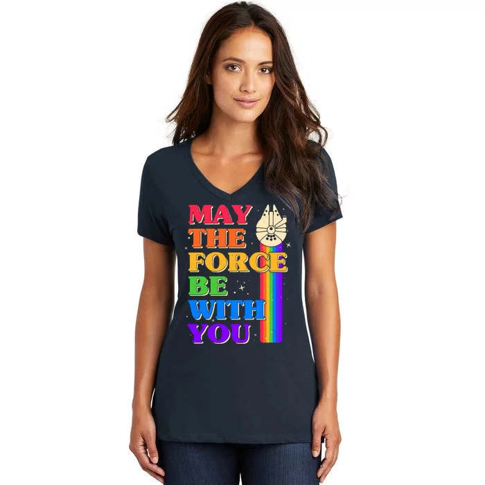 Retro Vintage Rainbow May The 4th May The Force Be With You Women's V-Neck T-Shirt