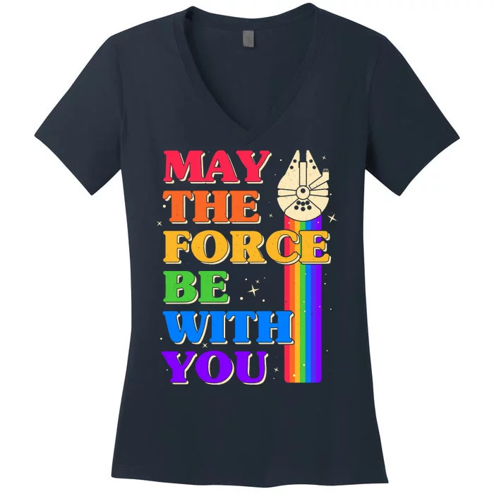 Retro Vintage Rainbow May The 4th May The Force Be With You Women's V-Neck T-Shirt