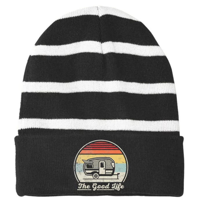 Retro Vintage Shasta Trailer The Good Life Camper Camping Striped Beanie with Solid Band