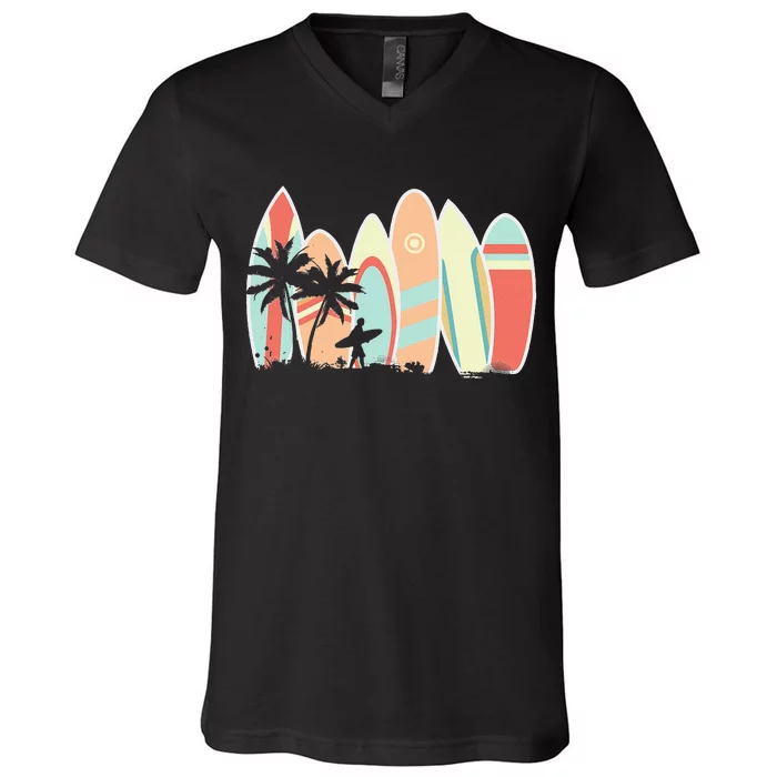 Retro Vintage Surfboard Surfing Surfboarder Wave Surfer V-Neck T-Shirt