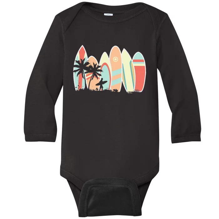 Retro Vintage Surfboard Surfing Surfboarder Wave Surfer Baby Long Sleeve Bodysuit