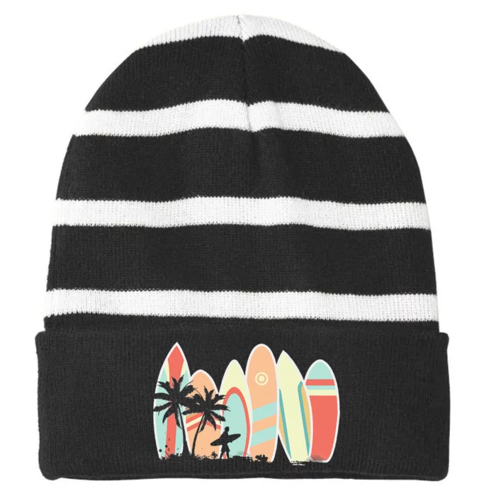 Retro Vintage Surfboard Surfing Surfboarder Wave Surfer Striped Beanie with Solid Band