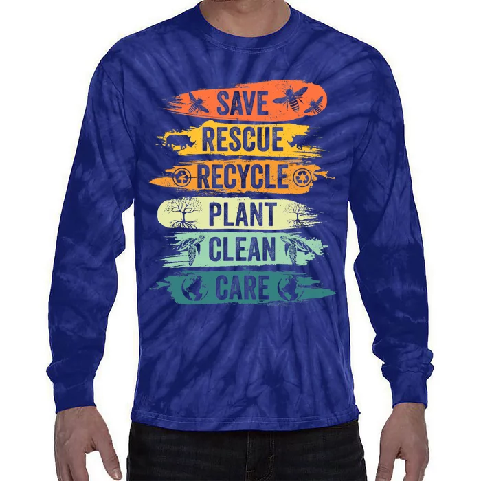 Retro Vintage Save Bees Rescue Animals Recycle Fun Earth Day Tie-Dye Long Sleeve Shirt