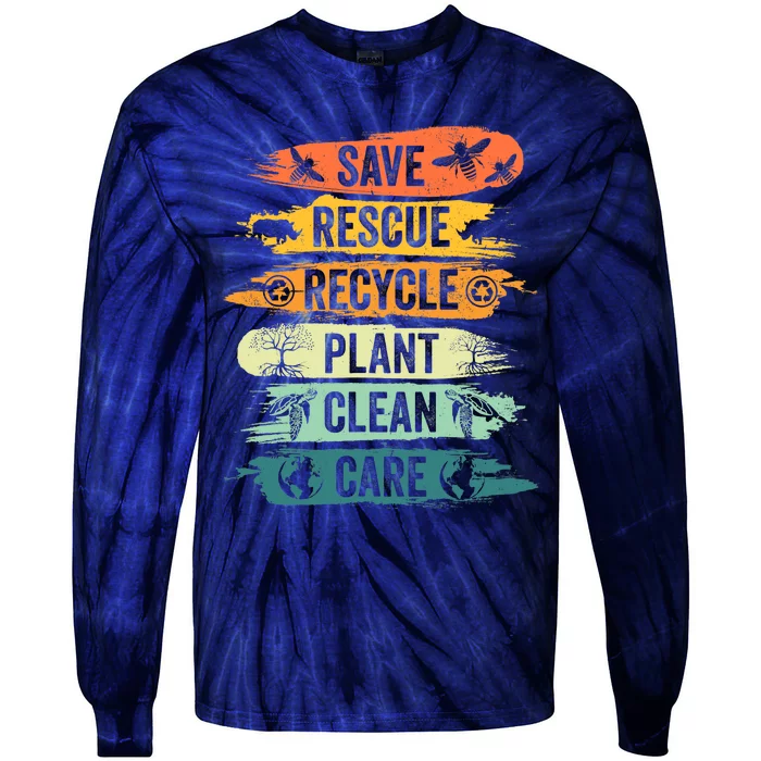 Retro Vintage Save Bees Rescue Animals Recycle Fun Earth Day Tie-Dye Long Sleeve Shirt