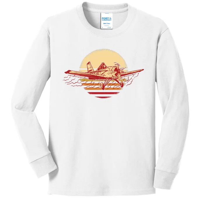 Retro Vintage Sunset Airplane Kids Long Sleeve Shirt