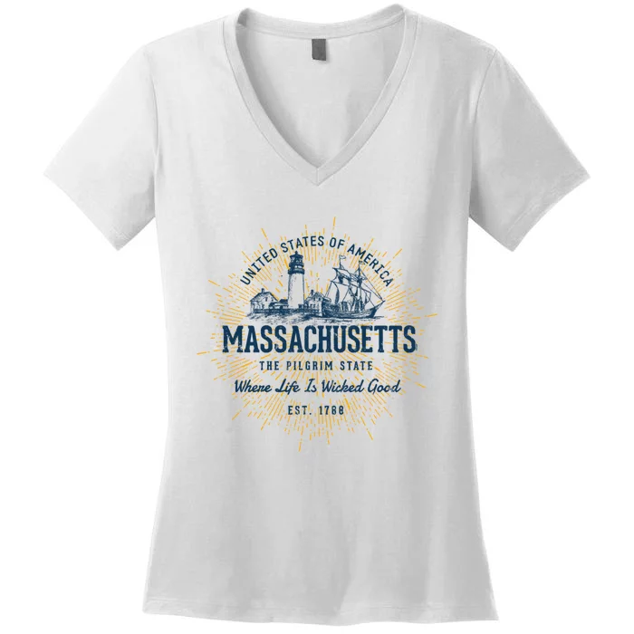 Retro Vintage State Of Massachusetts Women's V-Neck T-Shirt