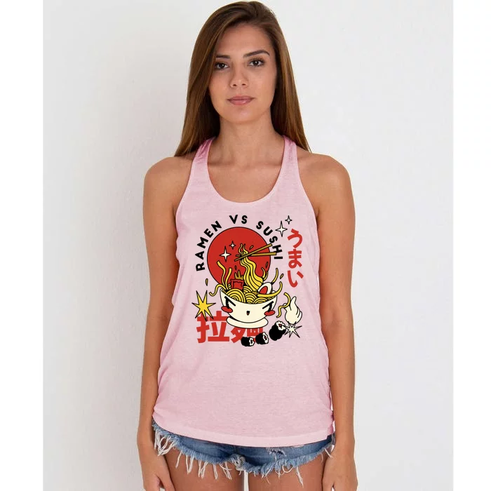 Ramen Vs Sushi Retro Japanese Food Women's Knotted Racerback Tank