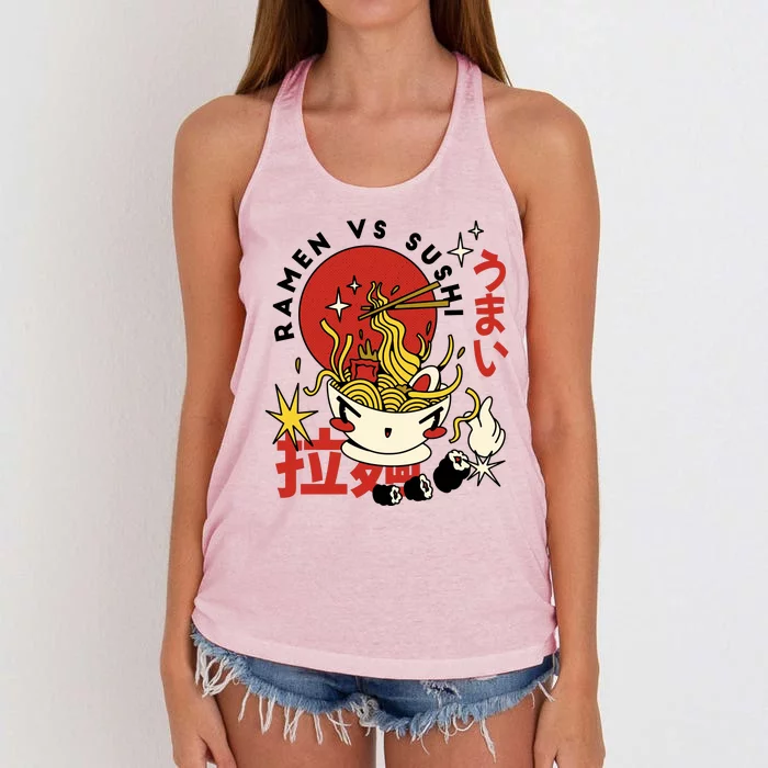 Ramen Vs Sushi Retro Japanese Food Women's Knotted Racerback Tank