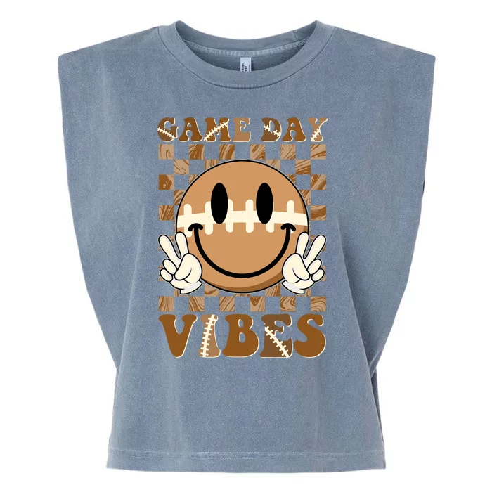 Retro Vintage Smiley Emoji Game Day Vibes Football Sports Fan Garment-Dyed Women's Muscle Tee