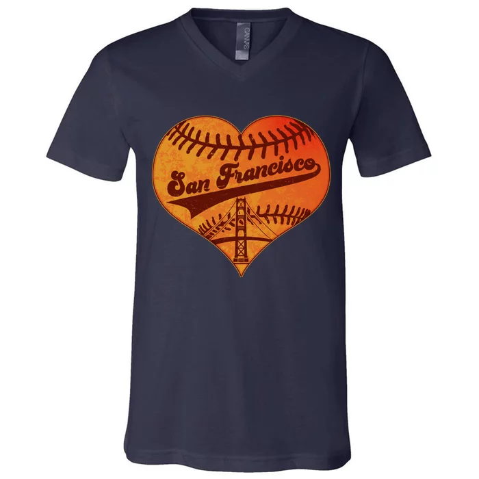 Retro Vintage San Francisco Baseball Heart V-Neck T-Shirt