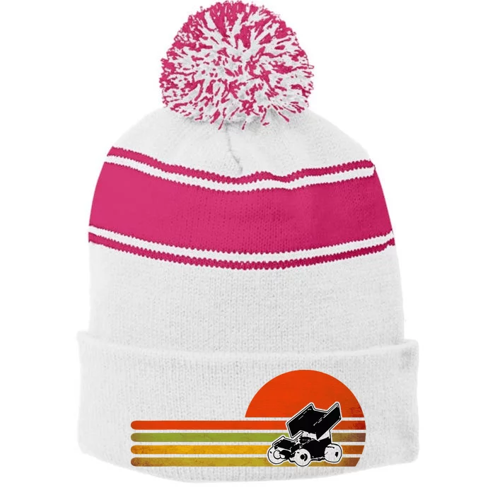 Retro Vintage Sprint Car Dirt Track Racing Distressed Stripe Pom Pom Beanie