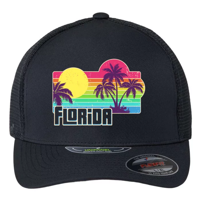 Retro Vintage Sunny Florida Palm Trees Flexfit Unipanel Trucker Cap