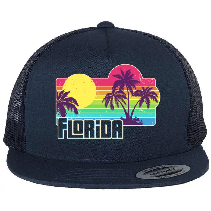 Retro Vintage Sunny Florida Palm Trees Flat Bill Trucker Hat